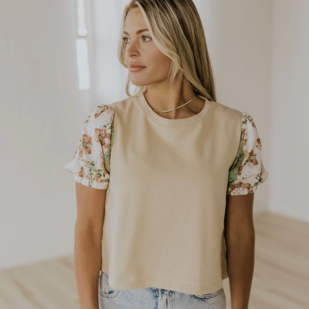 Floral Sleeve Beige Top - Picture 2 of 6